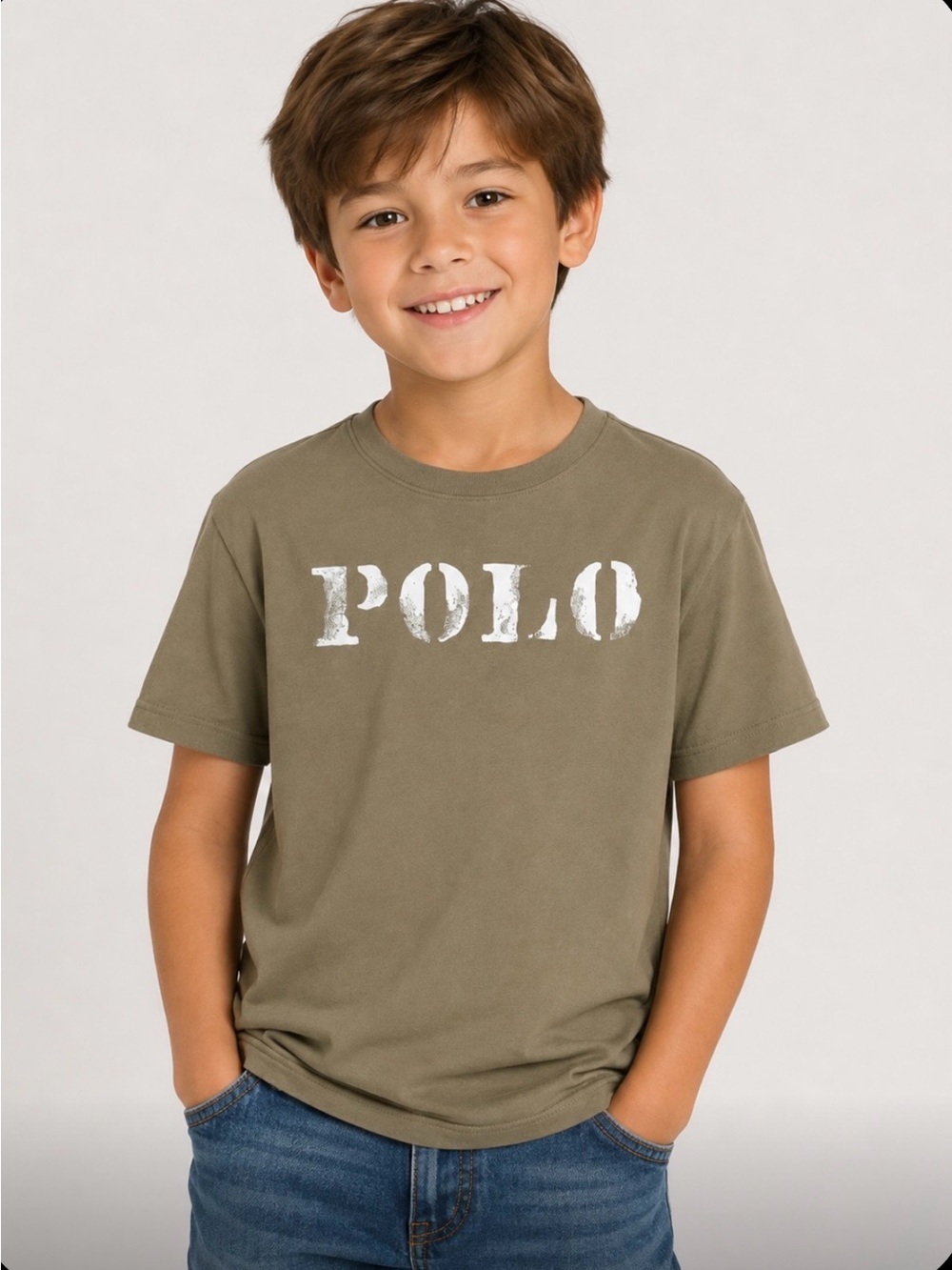 Polo Ralph Lauren Kids Olive Green Distressed Spell Out Graphic Tee Size 5